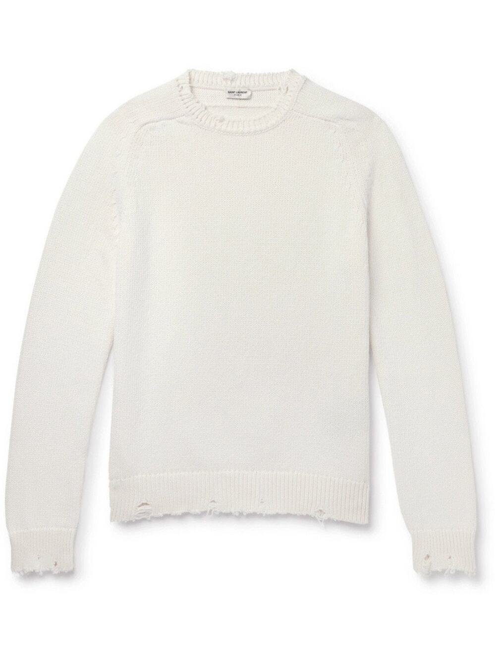 Saint Laurent XS Distressed Crewneck Men’s Sweater In White